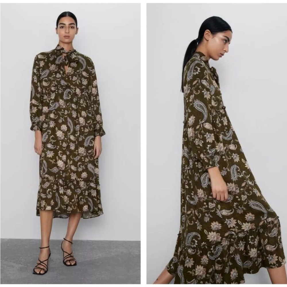 Zara Green Floral Paisley Print Viscose Midi Dress